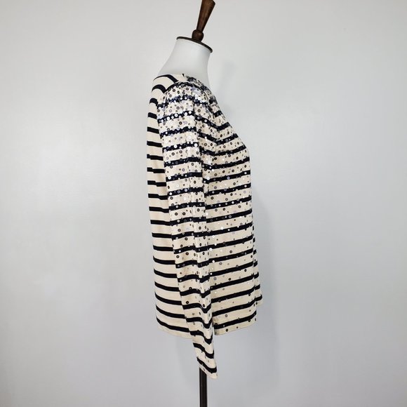 J. Crew Factory Black Tan Striped Sequin Confetti Pullover Knit Cotton Top Sz S - Picture 5 of 12